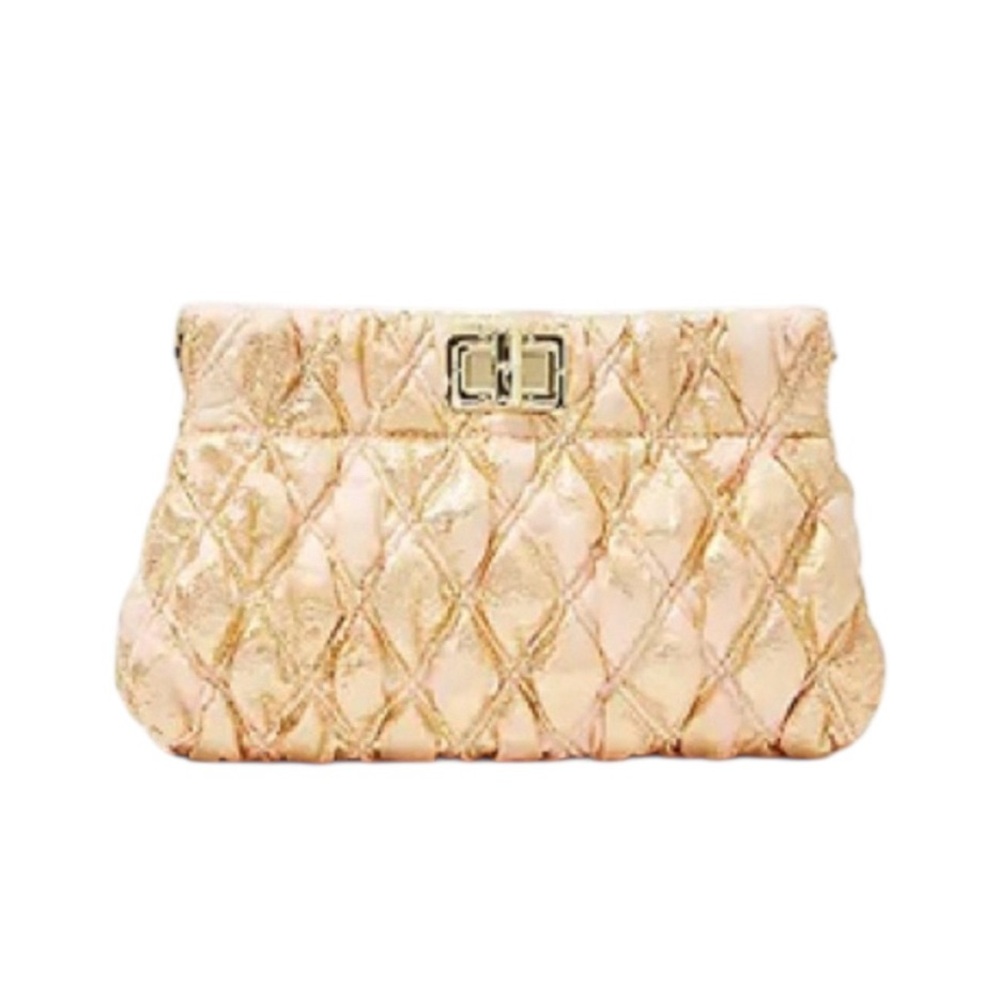 Lilly Pulitzer Gold Organza Quilted Chancey Clutch w/ Turn-Lock Closure & Chain